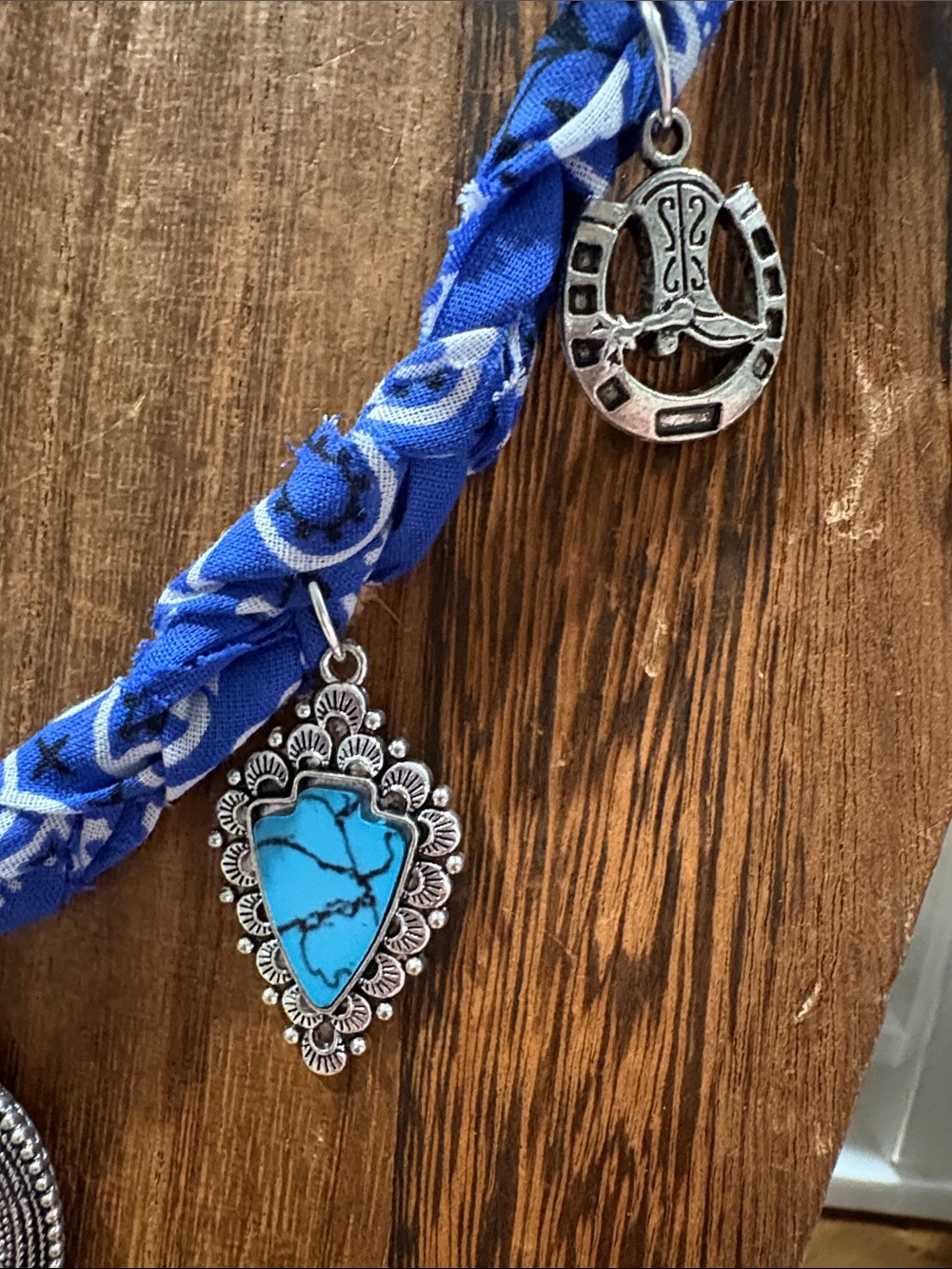 Boho Blue Braided bandana Turquoise &  silver charm Necklace - Picture 3 of 6